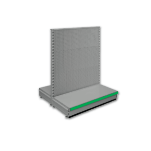 Double sided pegboard gondola - retail shop shelving system - Silver & Green