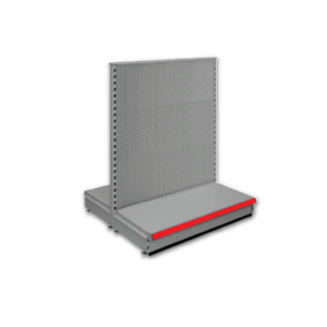 Double sided pegboard gondola - retail shop shelving system - Silver & Red