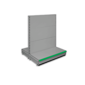 Double sided gondola - retail shop shelving system - Silver & Green