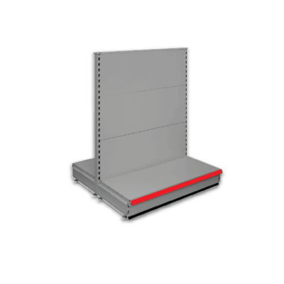 Double sided gondola - retail shop shelving system - Silver & Red
