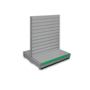 Double sided slatted gondola - retail shop shelving system - Silver & Green