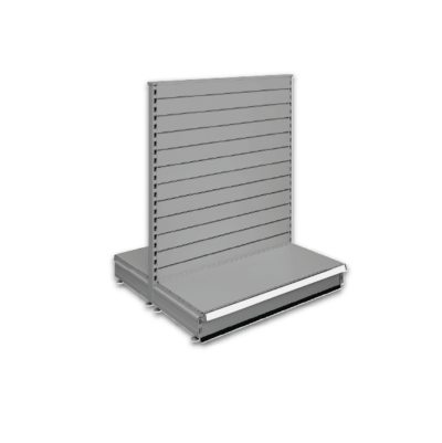 Double sided slatted gondola - retail shop shelving system - Silver