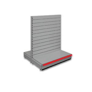 Double sided slatted gondola - retail shop shelving system - Silver & Red