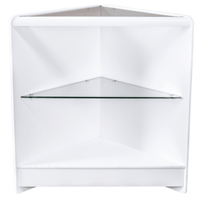 RE1519 - Open Front Corner Counter with Glass Top and Glass Shelf - White - Front View