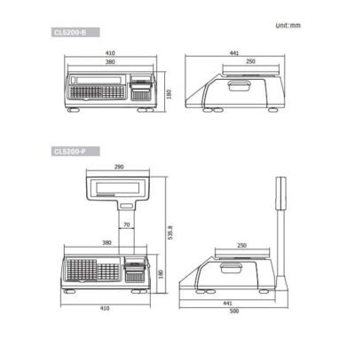 CAS CL5200 Label Printing Scale - Dimensions