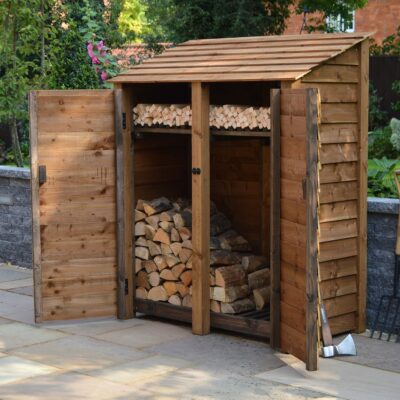 DLS-SLD-DR-KS-RBR - Cottesmore 6ft Log Store - Solid Sides - With Doors - With Shelf - Rustic Brown - Front Right View - With Logs