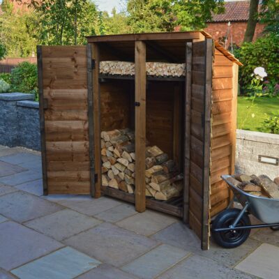 DLS-SLD-RR-DR-KS-RBR - Cottesmore 6ft Log Store - Reversed Roof - Solid Sides - With Door - With Shelf - Rustic Brown - Front Right View - With Logs