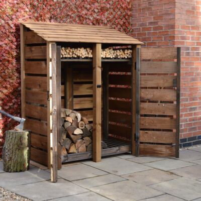 DLS-SLT-DR-KS-RBR - Cottesmore 6ft Log Store - Slatted Sides - With Doors - With Shelf - Rustic Brown - Front Left View - With Logs