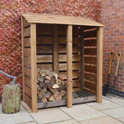 DLS-SLT-RBR - Cottesmore 6ft Log Store - Slatted Sides - Rustic Brown - Front Left View - With Logs