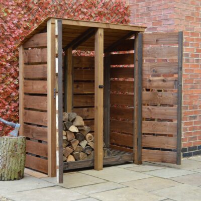 DLS-SLT-RR-DR-RBR - Cottesmore 6ft Log Store - Reversed Roof - Slatted Sides - With Doors - Rustic Brown - Front Left View - with Logs