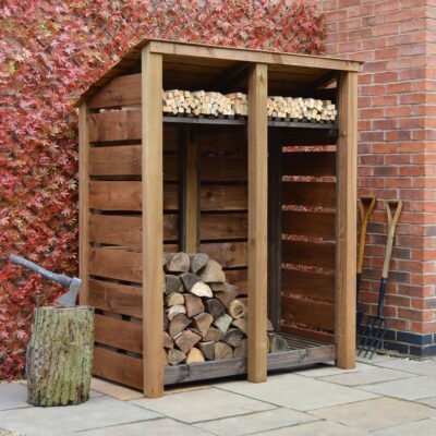 DLS-SLT-RR-KS-RBR - Cottesmore 6ft Log Store - Reversed Roof - Slatted Sides - With Shelf - Rustic Brown - Front Left View - With Logs