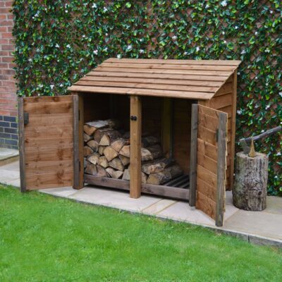 DLS4-SLD-DR-RBR - Cottesmore 4ft Log Store - Solid Sides - With Doors - Rustic Brown - Front Right View - With Logs