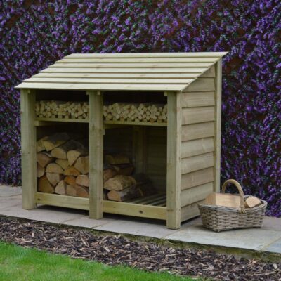 DLS4-SLD-KS-LGR - Cottesmore 4ft Log Store - Solid Sides - With Shelf - Light Green - Front Right View - with Logs