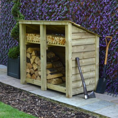 DLS4-SLD-RR-KS-LGR - Cottesmore 4ft Log Store - Solid Sides - Reversed Roof - With Shelf - Light Green - Front Right View - With Logs