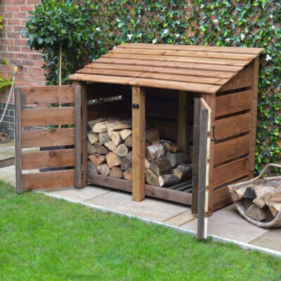 DLS4-SLT-DR-RBR - Cottesmore 4ft Log Store - Slatted Sides - With Doors - Rustic Brown - Front Right View - with Logs