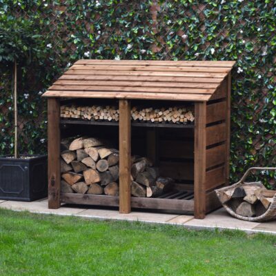 DLS4-SLT-KS-RBR - Cottesmore 4ft Log Store - Slatted Sides - With Shelf - Rustic Brown - Front Right View - with Logs