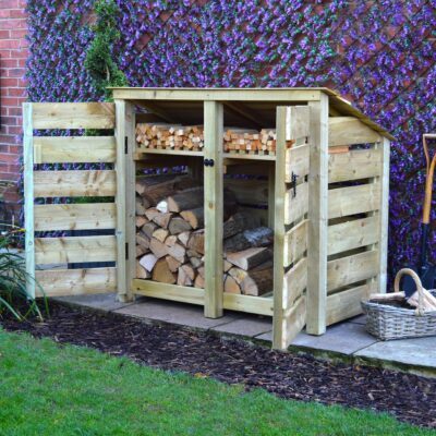DLS4-SLT-RR-DR-KS-LGR - Cottesmore 4ft Log Store - Slatted Sides - Reversed Roof - With Doors - With Shelf - Light Green - Front Right View - with Logs