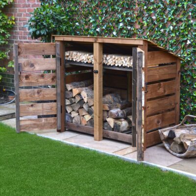 DLS4-SLT-RR-DR-KS-RBR - Cottesmore 4ft Log Store - Slatted Sides - Reversed Roof - With Doors - With Shelf - Rustic Brown - Front Right View - with Logs