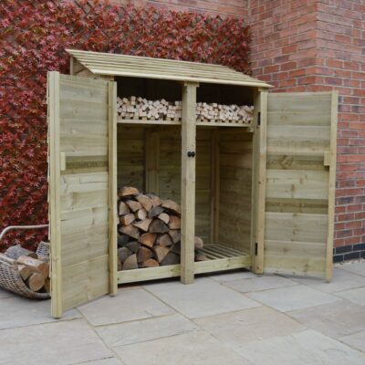 DLS6-SLD-DR-KS-LGR - Cottesmore 6ft Log Store - Solid Sides - With Doors - With Shelf - Front Left - with Logs