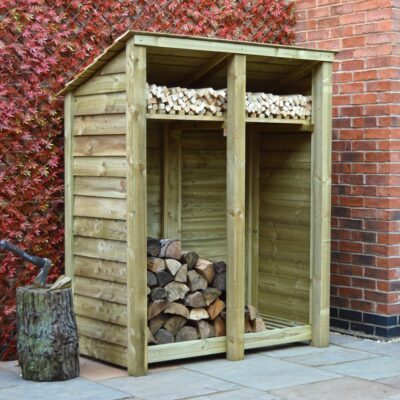 DLS6-SLD-RR-KS-LGR - Cottesmore 6ft Log Store - Solid Sides - Reversed Roof - With Shelf - Front Left View - with Logs
