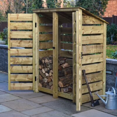 DLS6-SLT-RR-DR-LGR - Cottesmore 6ft Log Store - Slatted Sides - Reversed Roof - With Doors - Light Green - Front Right View - with Logs