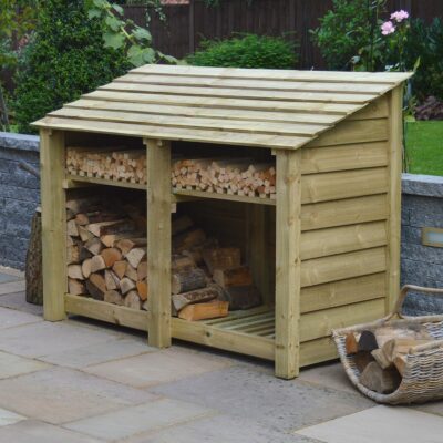 MALS-SLD-KS-LGR - Hambleton 4ft Log Store - Solid Sides - With Shelf - Light Green - Front Right View - With Logs