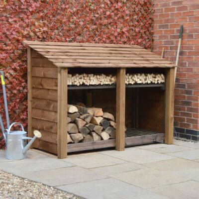 MALS-SLD-KS-RBR - Hambleton 4ft Log Store - Solid Sides - With Shelf - Rustic Brown - Front Left View - With Logs