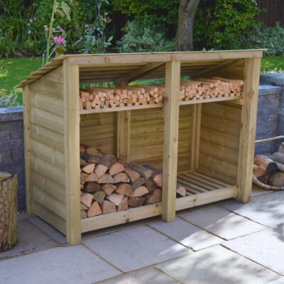 MALS-SLD-RR-KS-LGR - Hambleton 4ft Log Store - Solid Sides - Reversed Roof - With Shelf - Light Green - Front Left View - With Logs