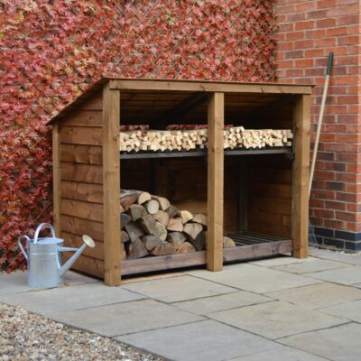 MALS-SLD-RR-KS-RBR - Hambleton 4ft Log Store - Solid Sides - Reversed Roof - With Shelf - Rustic Brown - Front Left View - With Logs