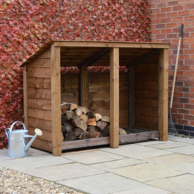 MALS-SLD-RR-RBR - Hambleton 4ft Log Store - Solid Sides - Reversed Roof - Rustic Brown - Front Left View - With Logs