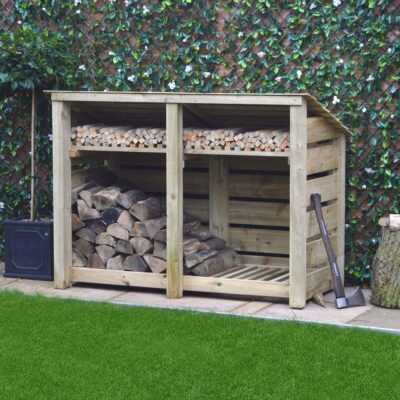 MALS-SLT-RR-KS-LGR - Hambleton 4ft Log Store - Slatted Sides - Reversed Roof - With Shelf - Light Green - Front Right View - with Logs