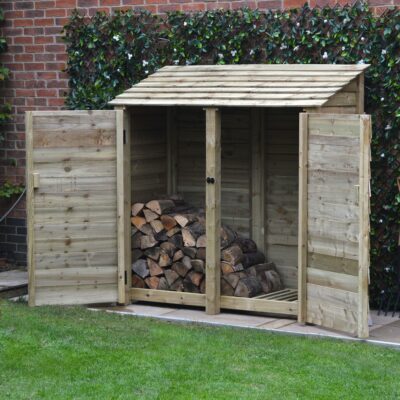 MALS6-SLD-DR-LGR - Hambleton 6ft Log Store - Solid Sides - With Doors - Light Green - Front Right View - With Logs