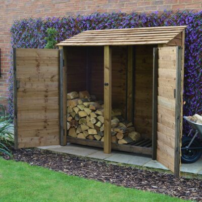 MALS6-SLD-DR-RBR - Hambleton 6ft Log Store - Solid Sides - With Door - Rustic Brown - Front Right View - With Logs