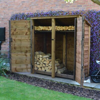 MALS6-SLD-RR-DR-KS-RBR - Hambleton 6ft Log Store - Solid Sides - Reversed Roof - With Door - With Shelf - Rustic Brown - Front Right View - With Logs