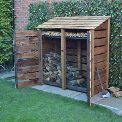 MALS6-SLT-DR-KS-RBR - Hambleton 6ft Log Store - Slatted Sides - With Door - With Shelf - Rustic Brown - Front Right View - with Logs