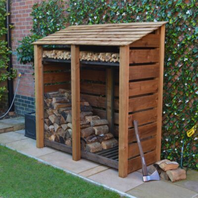 MALS6-SLT-KS-RBR - Hambleton 6ft Log Store - Slatted Sides - With Shelf - Rustic Brown - Front Right View - with Logs