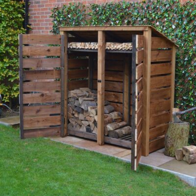 MALS6-SLT-RR-DR-KS-RBR - Hambleton 6ft Log Store - Slatted Sides - Reversed Roof - With Door - With Shelf - Rustic Brown - Front Right View - with Logs