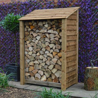 MIL6-SLD-RBR - Greetham 6ft Log Store - With Door - Rustic Brown - Front Right View - with Logs