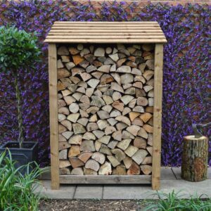 MIL6-SLD-RBR - Greetham 6ft Log Store - With Door - Rustic Brown - Front View - with Logs
