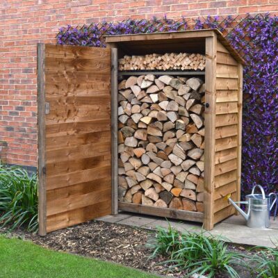 MIL6-SLD-RR-DR-KS-RBR - Greetham 6ft Log Store - Reversed Roof - With Door - With Shelf - Rustic Brown - Front Right View - with Logs