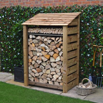 MIL6-SLT-KS-RBR - Greetham 6ft Log Store - Slatted Sides - With Shelf - Rustic Brown - Front Right View - with Logs