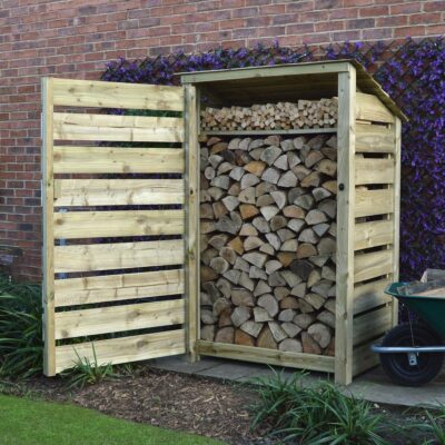 MIL6-SLT-RR-DR-KS-LGR - Greetham 6ft Log Store - Slatted Sides - Reversed Roof - With Door - With Shelf - Light Green - Front Right View - with Logs