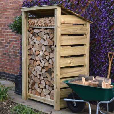 MIL6-SLT-RR-KS-LGR - Greetham 6ft Log Store - Slatted Sides - Reversed Roof - With Shelf - Light Green - Front Right View - with Logs
