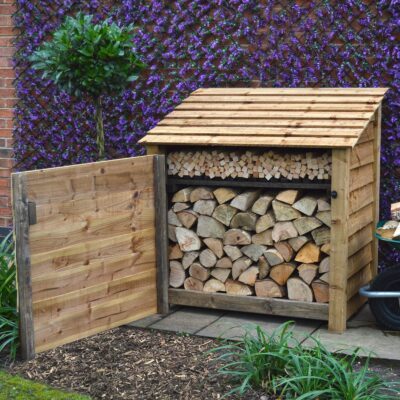 MILS4-SLD-DR-KS-RBR - Greetham 4ft Log Store - Solid Sides - With Door - With Shelf - Rustic Brown - Front Right View - with Logs