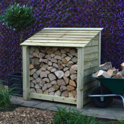 MILS4-SLD-LGR - Greetham 4ft Log Store - Solid Sides - Light Green - Front Right View - with Logs