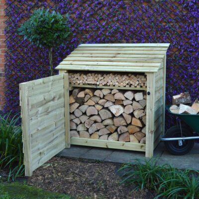 MILS4-SLD-LGR - Greetham 4ft Log Store - Solid Sides - With Door - With Shelf - Light Green - Front Right View