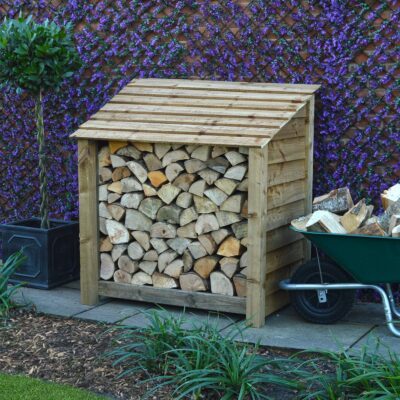 MILS4-SLD-RBR - Greetham 4ft Log Store - Solid Sides - Rustic Brown - Front Right View - with Logs