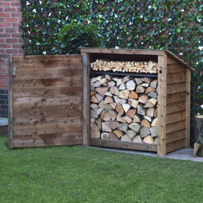 MILS4-SLD-RR-DR-KS-RBR - Greetham 4ft Log Store - Solid Sides - Reversed Roof - With Door - With Shelf - Rustic Brown - Front Right View - with Logs
