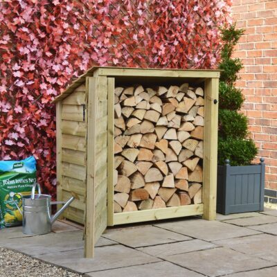 MILS4-SLD-RR-DR-LGR - Greetham 4ft Log Store - Solid Sides - Reversed Roof - With Door - Light Green - Front Left View - with Logs