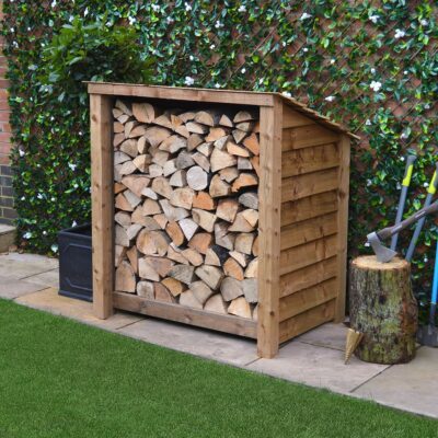 MILS4-SLD-RR-RBR - Greetham 4ft Log Store - Solid Sides - Reversed Roof - Rustic Brown - Front Right View - with Logs
